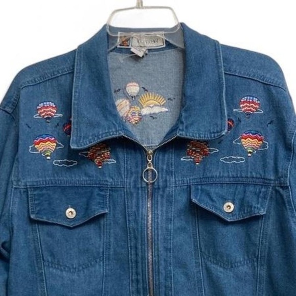 Vintage 90’s Embroidered Denim Jacket Hot Air Balloons Cottagecore Women’s Large - Picture 3 of 7